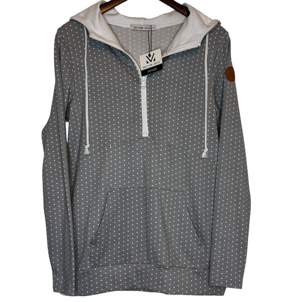 Michelle Mae Gray Polka Dot Half-Zip Hoodie Sweatshirt NWT